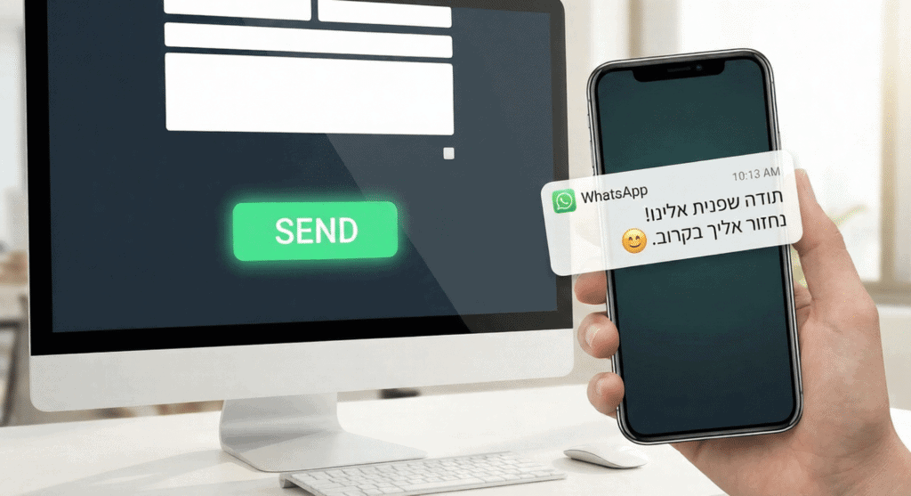 תקריב של מסך מחשב עם כפתור SEND ירוק ובולט, לצד יד האוחזת בסמארטפון המציג הודעת וואטסאפ אוטומטית שהתקבלה מיידית: "תודה שפנית אלינו! נחזור אליך בקרוב. 😊"