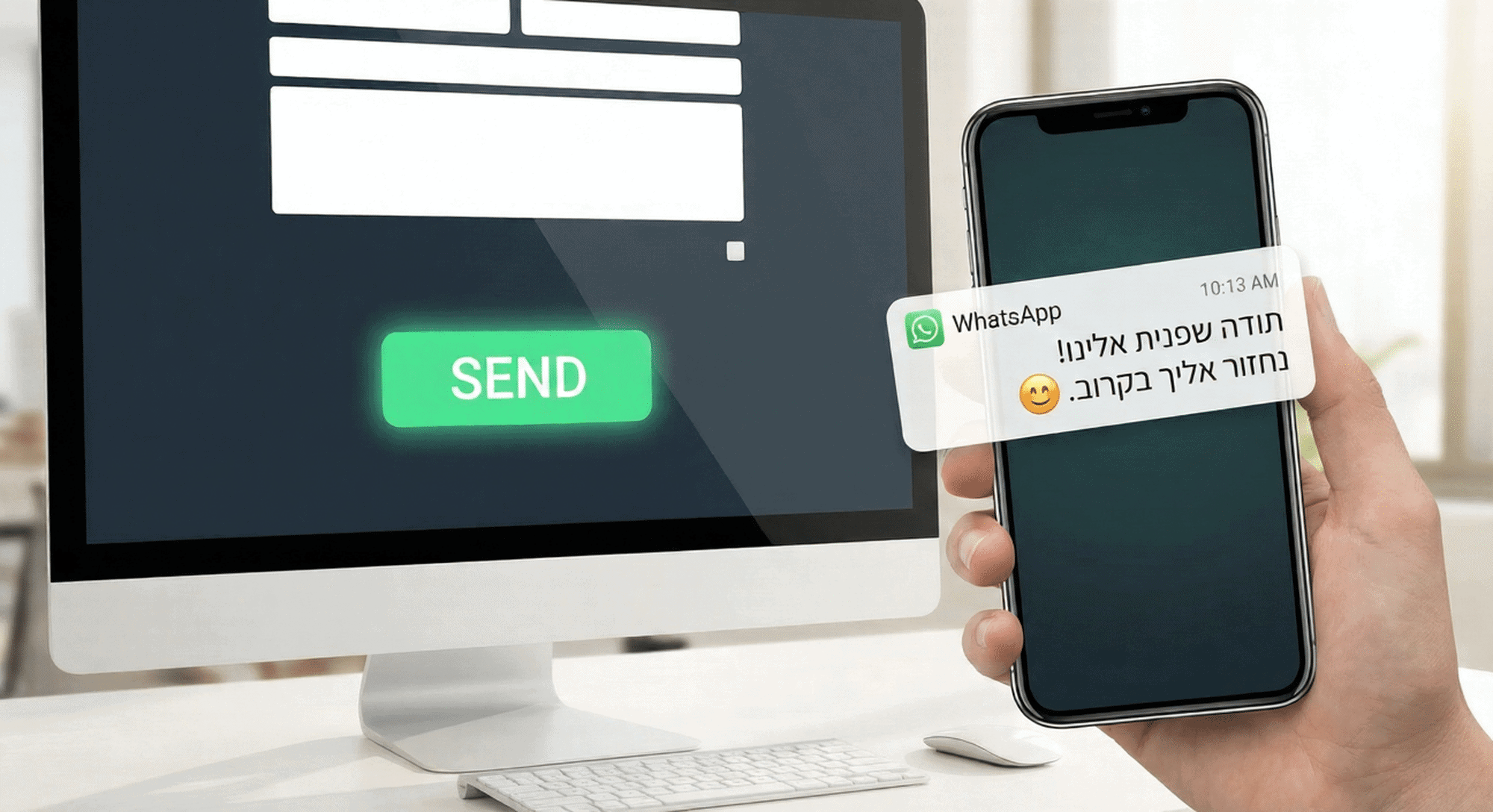 תקריב של מסך מחשב עם כפתור SEND ירוק ובולט, לצד יד האוחזת בסמארטפון המציג הודעת וואטסאפ אוטומטית שהתקבלה מיידית: "תודה שפנית אלינו! נחזור אליך בקרוב. 😊"