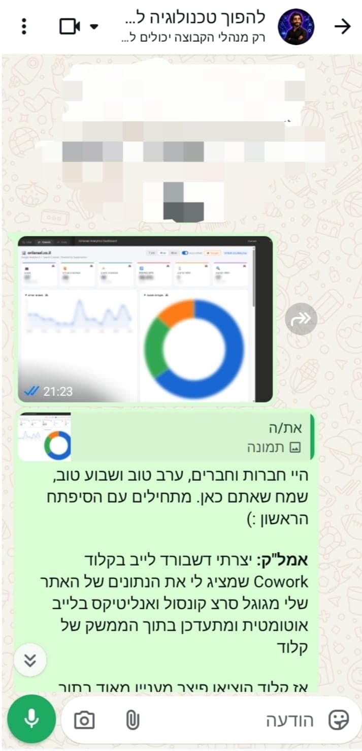 צילום מסך של הודעת WhatsApp בקבוצה שמציג דשבורד שאורי בנה ב-Claude Cowork
